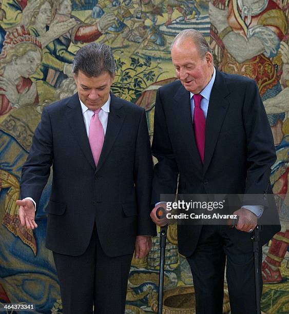 King Juan Carlos of Spain receives Colombia President Juan Manuel Santos Calderon at the Zarzuela Palace on January 22, 2014 in Madrid, Spain.