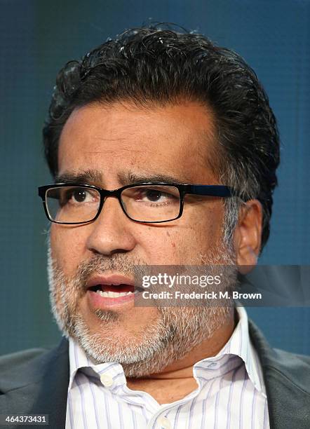 Producer and Director Phillip Rodriguez speaks onstage during the ' Ruben Salazar: Man in The Middle ' panel discussion at the PBS portion of the...