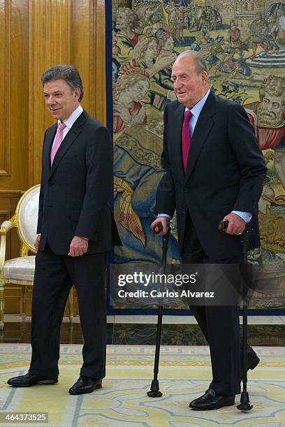 King Juan Carlos of Spain receives Colombia President Juan Manuel Santos Calderon at the Zarzuela Palace on January 22, 2014 in Madrid, Spain.