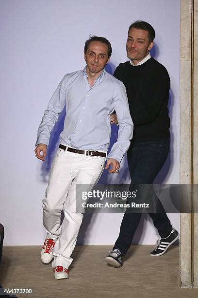 Tommaso Aquilano e Roberto Rimondil walks the runway at the Fay show during the Milan Fashion Week Autumn/Winter 2015 on February 25, 2015 in Milan,...