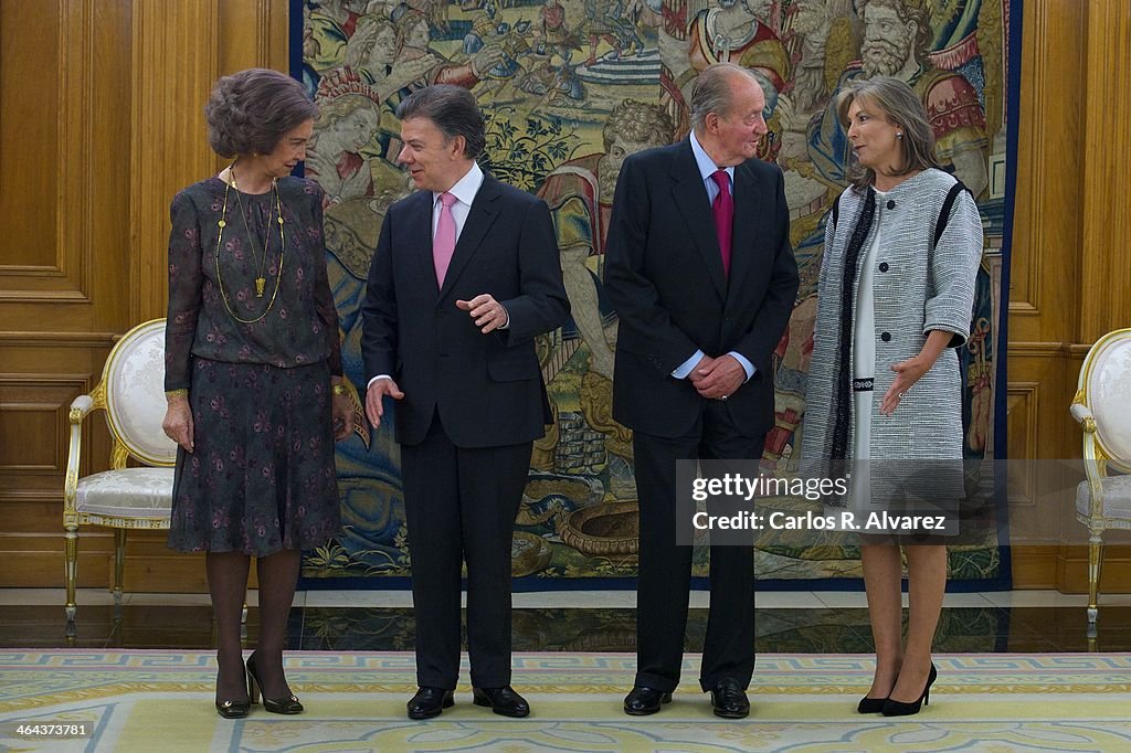 Spanish Royals Meet Colombian President Juan Manuel Santos Calderon at Zarzuela Palace