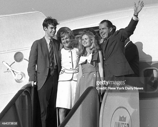 Exuding confidence, David Eisenhower, Mrs. Pat Nixon, daughter Tricia and the former vice president Richard Nixon are all smiles after arriving at...