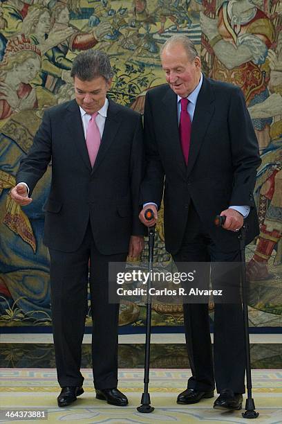 King Juan Carlos of Spain receives Colombian President Juan Manuel Santos Calderon at the Zarzuela Palace on January 22, 2014 in Madrid, Spain.