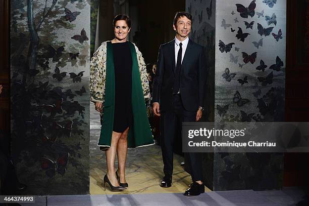 Fashion designers Maria Grazia Chiuri and Pier Paolo Piccioli walk the runway during the Valentino show as part of Paris Fashion Week Haute Couture...