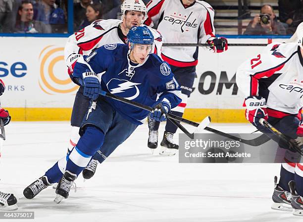 Valtteri Filppula of the Tampa Bay Lightning skates against the Washington Capitals at the Tampa Bay Times Forum on January 9, 2014 in Tampa, Florida.