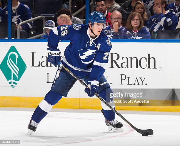 Matt Carle of the Tampa Bay Lightning skates against the Washington Capitals at the Tampa Bay Times Forum on January 9, 2014 in Tampa, Florida.