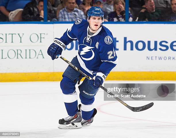 Matt Carle of the Tampa Bay Lightning skates against the Washington Capitals at the Tampa Bay Times Forum on January 9, 2014 in Tampa, Florida.