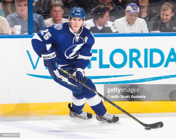 Matt Carle of the Tampa Bay Lightning skates against the Washington Capitals at the Tampa Bay Times Forum on January 9, 2014 in Tampa, Florida.