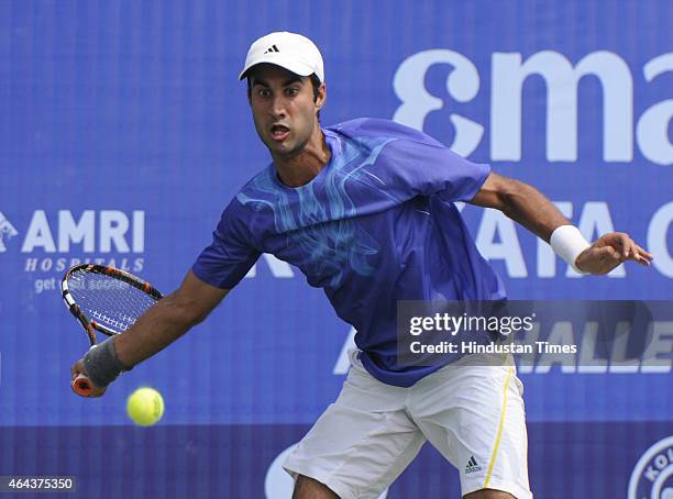 Indian tennis player Yuki Bhambri in action against Maldovian player Radu Albot during Pre-quarterfinals match of ATP Kolkata Open 2015 match on...