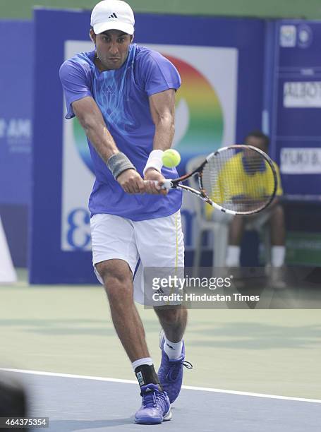 Indian tennis player Yuki Bhambri in action against Maldovian player Radu Albot during Pre-quarterfinals match of ATP Kolkata Open 2015 match on...