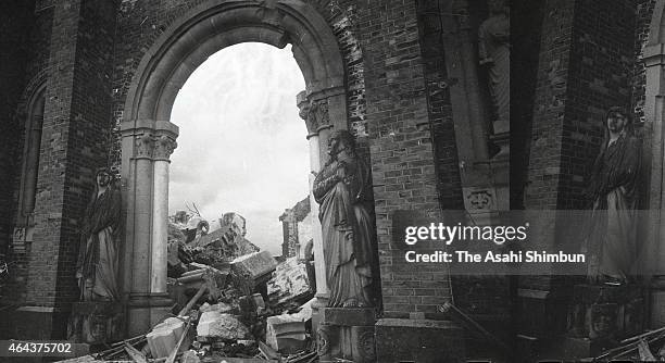 Destroyed Urakami Cathedral is see just after the Atomic bomb was dropped in August 1945 in Nagasaki, Japan. The world's first atomic bomb was...