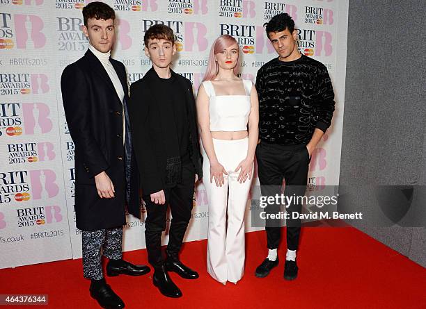 Jack Patterson, Luke Patterson, Grace Chatto, and Milan Neil Amin-Smith of Clean Bandit attends the BRIT Awards 2015 at The O2 Arena on February 25,...