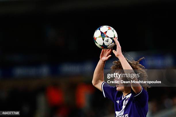 Wout Faes of Anderlecht in action during the UEFA Youth League Round of 16 match between RSC Anderlecht and FC Barcelona held at at Constant Vanden...