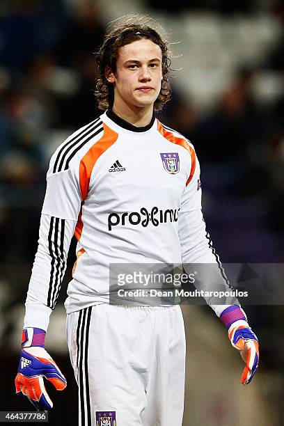 Goalkeeper, Mile Svilar of Anderlecht looks on during the UEFA Youth League Round of 16 match between RSC Anderlecht and FC Barcelona held at at...