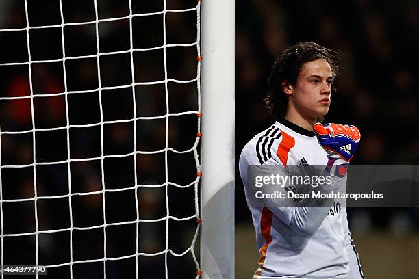 Goalkeeper, Mile Svilar of Anderlecht in action during the UEFA Youth League Round of 16 match between RSC Anderlecht and FC Barcelona held at at...