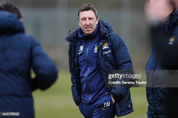 Manchester City U18 Manager Jason Wilcox walks on the pitch during the Barclays Premier League U18 match between Newcastle United and Manchester City...