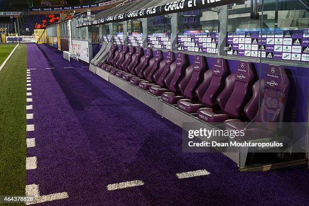 General view of the players bench and seats prior to the UEFA Youth League Round of 16 match between RSC Anderlecht and FC Barcelona held at Constant...