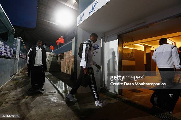The Anderlecht team arrive for the UEFA Youth League Round of 16 match between RSC Anderlecht and FC Barcelona held at Constant Vanden Stock Stadium...
