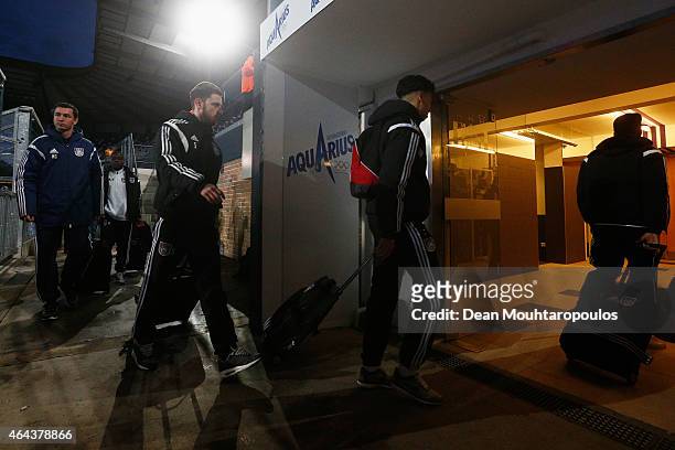 The Anderlecht team arrive for the UEFA Youth League Round of 16 match between RSC Anderlecht and FC Barcelona held at Constant Vanden Stock Stadium...