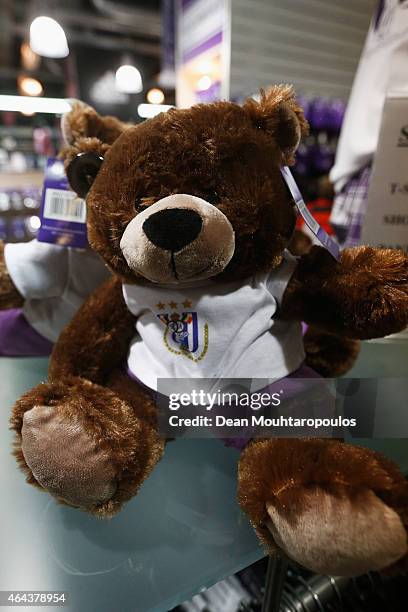 General view of the club shop merchandise inside the stadium prior to the UEFA Youth League Round of 16 match between RSC Anderlecht and FC Barcelona...