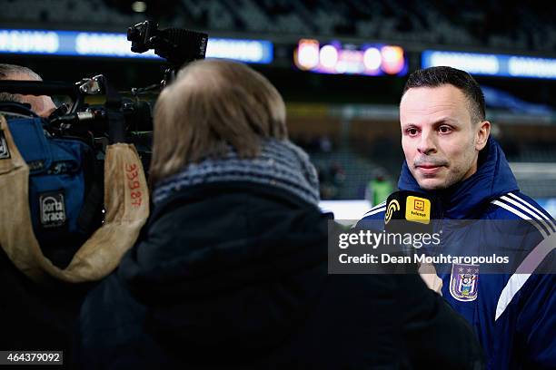 Anderlecht Coach, Mohamed Ouahbi speaks to the media prior to the UEFA Youth League Round of 16 match between RSC Anderlecht and FC Barcelona held at...