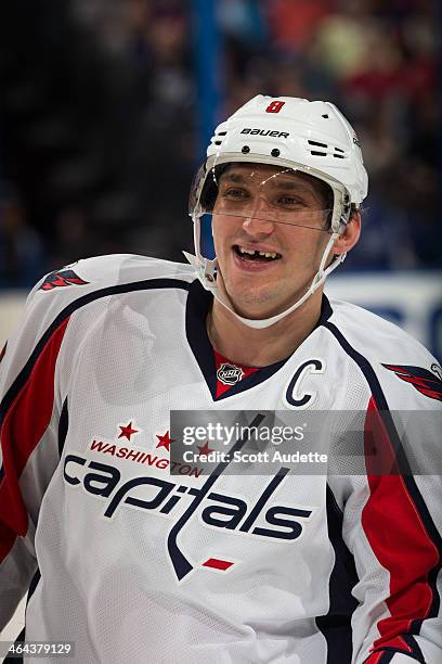 Alex Ovechkin of the Washington Capitals celebrates a goal against the Tampa Bay Lightning at the Tampa Bay Times Forum on January 9, 2014 in Tampa,...