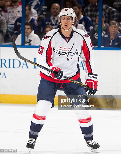 Jay Beagle of the Washington Capitals skates against the Tampa Bay Lightning at the Tampa Bay Times Forum on January 9, 2014 in Tampa, Florida.