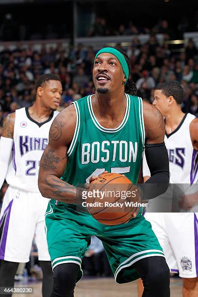 Gerald Wallace of the Boston Celtics attempts a free throw shot against the Sacramento Kings on February 20, 2015 at Sleep Train Arena in Sacramento,...