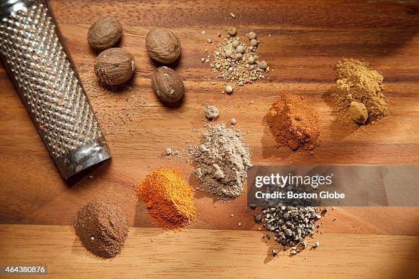 The spice mixture in the lamb tagine: Allspice, cayenne pepper, cardamom, cinnamon, cumin, nutmeg, white pepper, and black pepper.