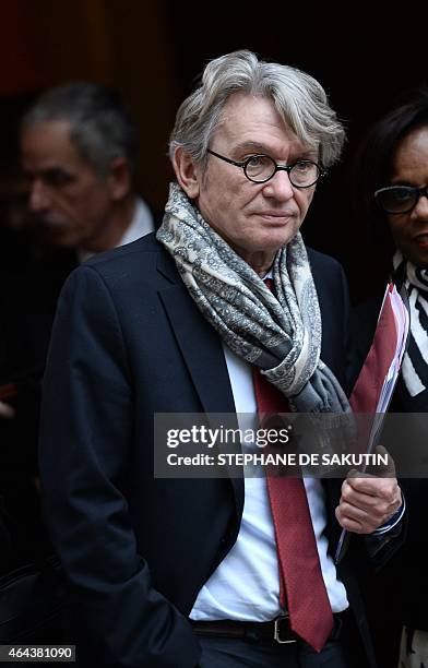 Secretary General of French Force Ouvriere labour union Jean-Claude Mailly leaves after a meeting with social partners French Labour Minister and...