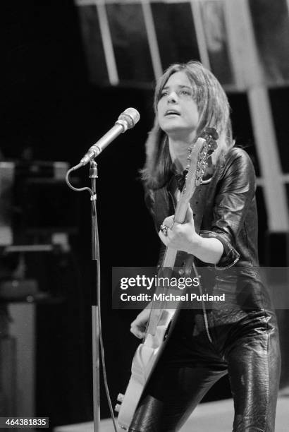 American rock singer Suzi Quatro performing on the Christmas Day edition of the BBC TV music show 'Top Of The Pops', broadcast 25th December 1973.