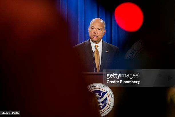 Jeh Johnson, U.S. Secretary of Homeland Security , speaks during a news conference with former secretaries of Homeland Security Tom Ridge and Michael...