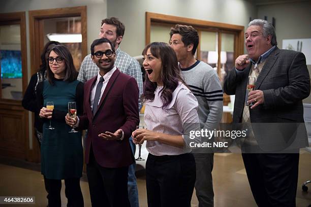 One Last Ride" Episode 712/713 -- Pictured: Aubrey Plaza as April Ludgate, Aziz Ansari as Tom Haverford, Chris Pratt as Andy Dwyer, Rashida Jones as...