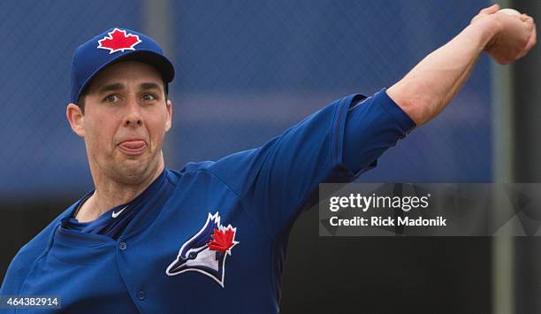 Pitcher Jeff Francis pitches in the bull pen. The Jays work out at the Bobby Mattock Training Facility in Dunedin as the Jays continue spring...