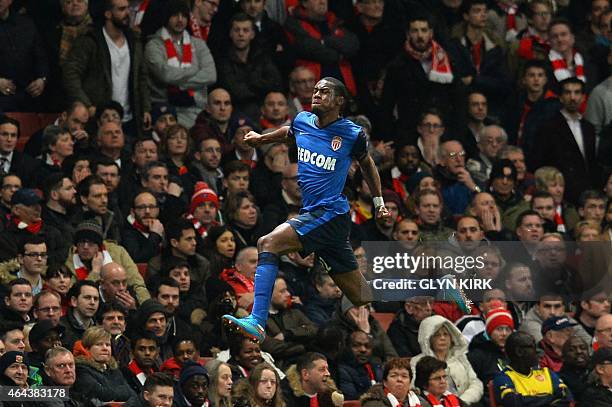 Monaco's French midfielder Geoffrey Kondogbia celebrates scoring the opening goal during the UEFA Champions League round of 16 first leg football...