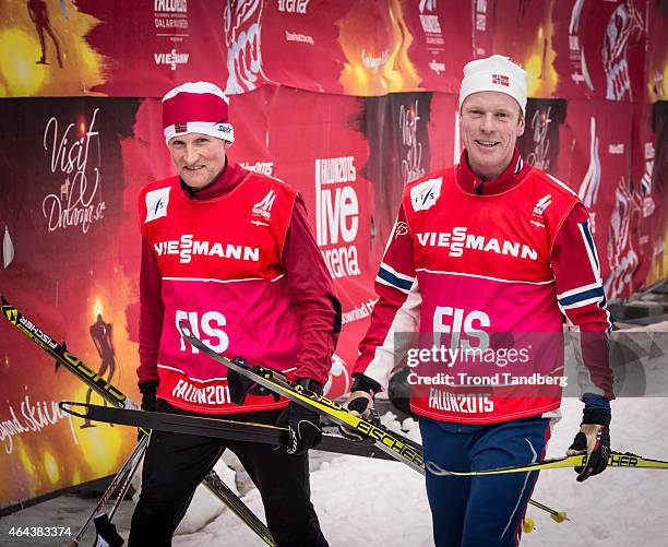 Norwegian Olympic Champions Vegard Ulvang and Bjorn Daehlie during training after Men 15.0 km Individual Free during the World Championship Cross...