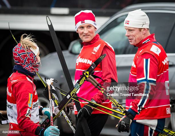 Norwegian Olympic Champions Vegard Ulvang and Bjorn Daehlie during training with Therese Johaug of Norway after Men 15.0 km Individual Free during...