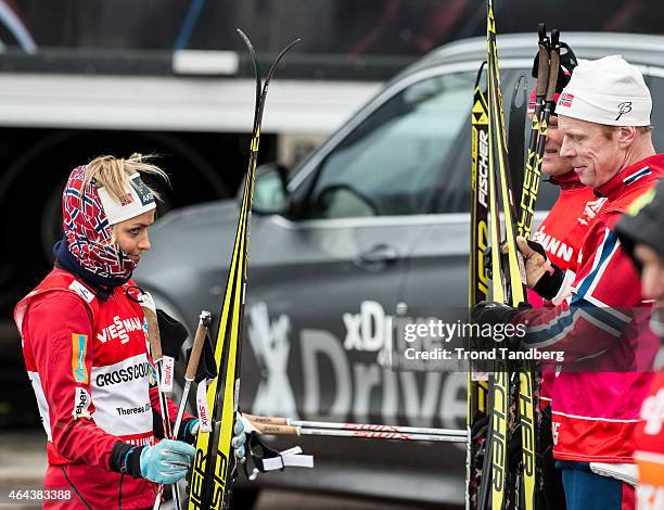 Norwegian Olympic Champions Vegard Ulvang and Bjorn Daehlie during training with Therese Johaug of Norway after Men 15.0 km Individual Free during...