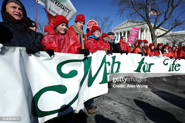 Pro-life activists participate in the annual March for Life in front of the U.S. Supreme Court January 22, 2014 on Capitol Hill in Washington, DC....