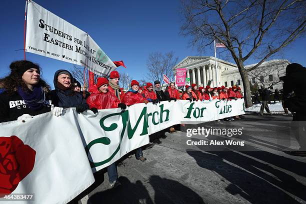 Pro-life activists participate in the annual March for Life in front of the U.S. Supreme Court January 22, 2014 on Capitol Hill in Washington, DC....