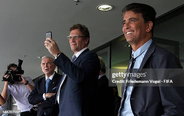 Bebeto , LOC Member, FIFA Secretary General, Jerome Valcke and President of LOC 2014 Jose Maria Marin take a tour of the brand new Dunas Arena during...