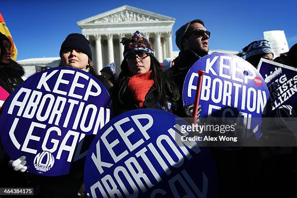 Pro-choice activists hold signs as marchers of the annual March for Life arrive in front of the U.S. Supreme Court January 22, 2014 on Capitol Hill...