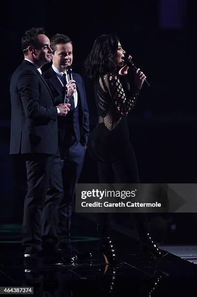 Ant and Dec on stage with Kim Kardashian West during the BRIT Awards 2015 at The O2 Arena on February 25, 2015 in London, England.