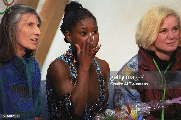 Winter Olympics: France Surya Bonaly with mother Suzanne after Women's Free Program at White Ring. Nagano, Japan 2/18/1998 CREDIT: Al Tielemans