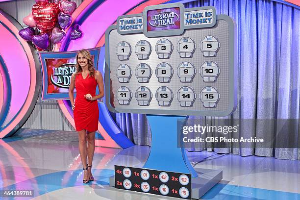 Model Danielle Demski stands prepared to help a Trader with the Time Is Money game, on a special Valentines edition of LET'S MAKE A DEAL airing...