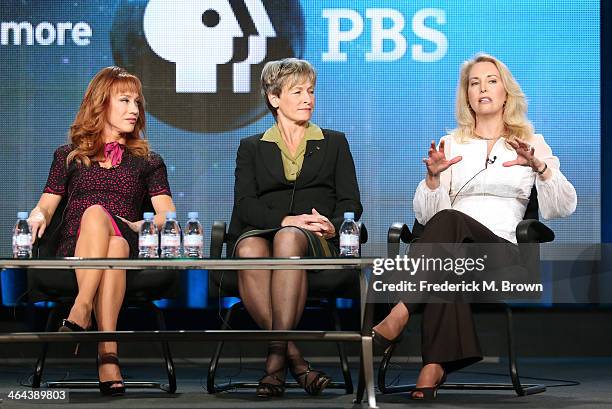 Kathy Griffin, actress and comedienne, Peggy Whitson, NASA astronaut, and Valerie Plame, author and former CIA operations officer, speak onstage...