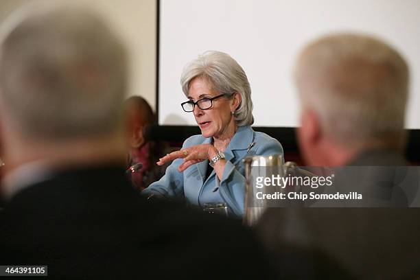 Health and Human Services Secretary Kathleen Sebelius delivers remarks and answers questions during the U.S. Conference of Mayors January 22, 2014 in...