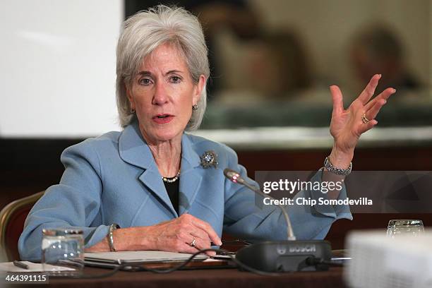 Health and Human Services Secretary Kathleen Sebelius delivers remarks and answers questions during the U.S. Conference of Mayors January 22, 2014 in...