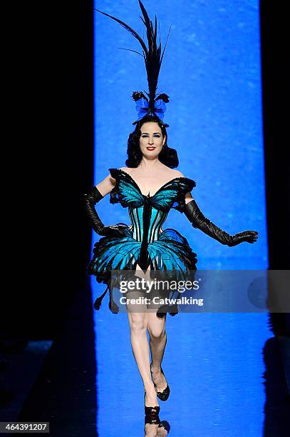 Burlesque artist Dita Von Teese walks the runway at the Jean Paul Gaultier Spring Summer 2014 fashion show during Paris Haute Couture Fashion Week on...