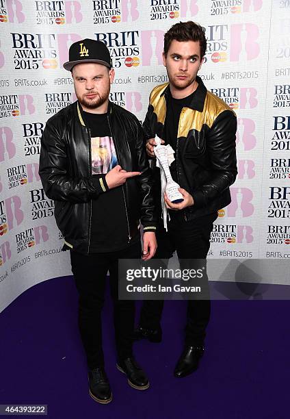 Ben Thatcher and Mike Kerr of Royal Blood,winners of Best British Group, pose in the winners room during the BRIT Awards 2015 at The O2 Arena on...